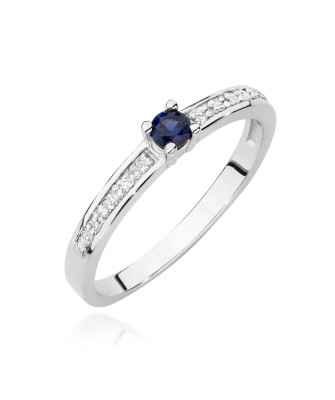 Złoty Pierścionek 14k Białe Złoto Z Szafirem Diamenty 0,15ct