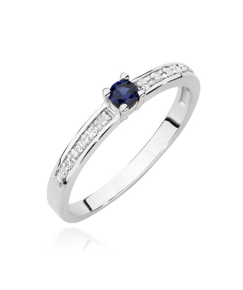 Złoty Pierścionek 14k Białe Złoto Z Szafirem Diamenty 0,15ct
