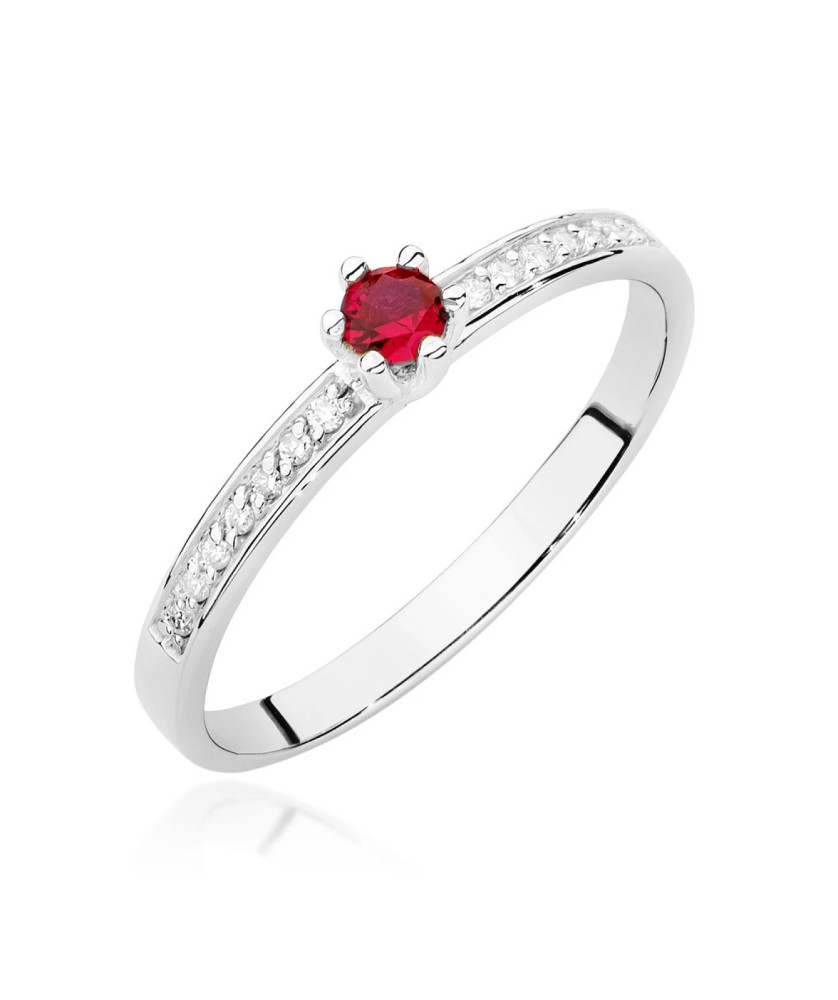 Złoty Pierścionek 14k Białe Złoto Rubin Diamenty 0,15ct
