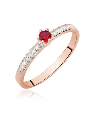 Złoty Pierścionek 14k Różowe Złoto Rubin Diamenty 0,15ct