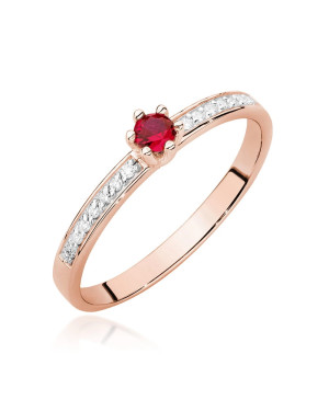 Złoty Pierścionek 14k Różowe Złoto Rubin Diamenty 0,15ct