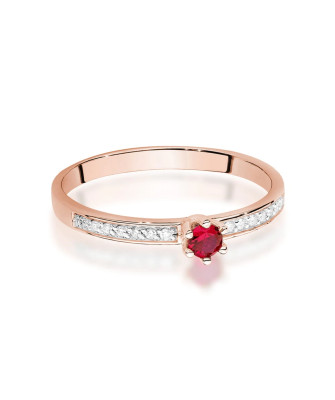 Złoty Pierścionek 14k Różowe Złoto Rubin Diamenty 0,15ct