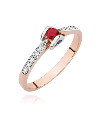 Złoty Pierścionek 14k Różowe Złoto Rubin Diamenty 0,15ct Certyfikat
