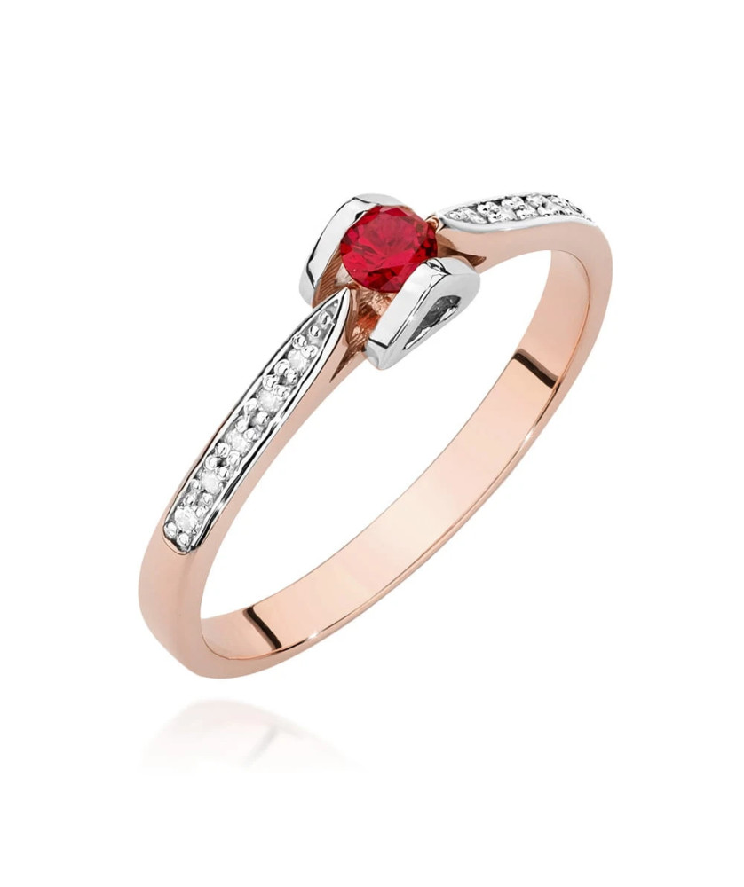 Złoty Pierścionek 14k Różowe Złoto Rubin Diamenty 0,15ct Certyfikat