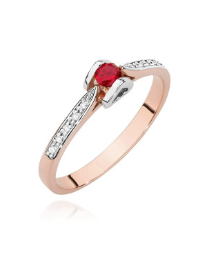 Złoty Pierścionek 14k Różowe Złoto Rubin Diamenty 0,15ct Certyfikat