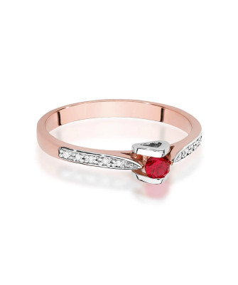 Złoty Pierścionek 14k Różowe Złoto Rubin Diamenty 0,15ct Certyfikat