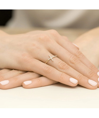 Złoty Pierścionek 14k Krzyż Brylant Diamenty 0,09ct