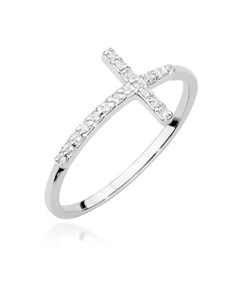 Złoty Pierścionek 14k Białe Złoto Krzyż Brylant Diamenty 0,09ct
