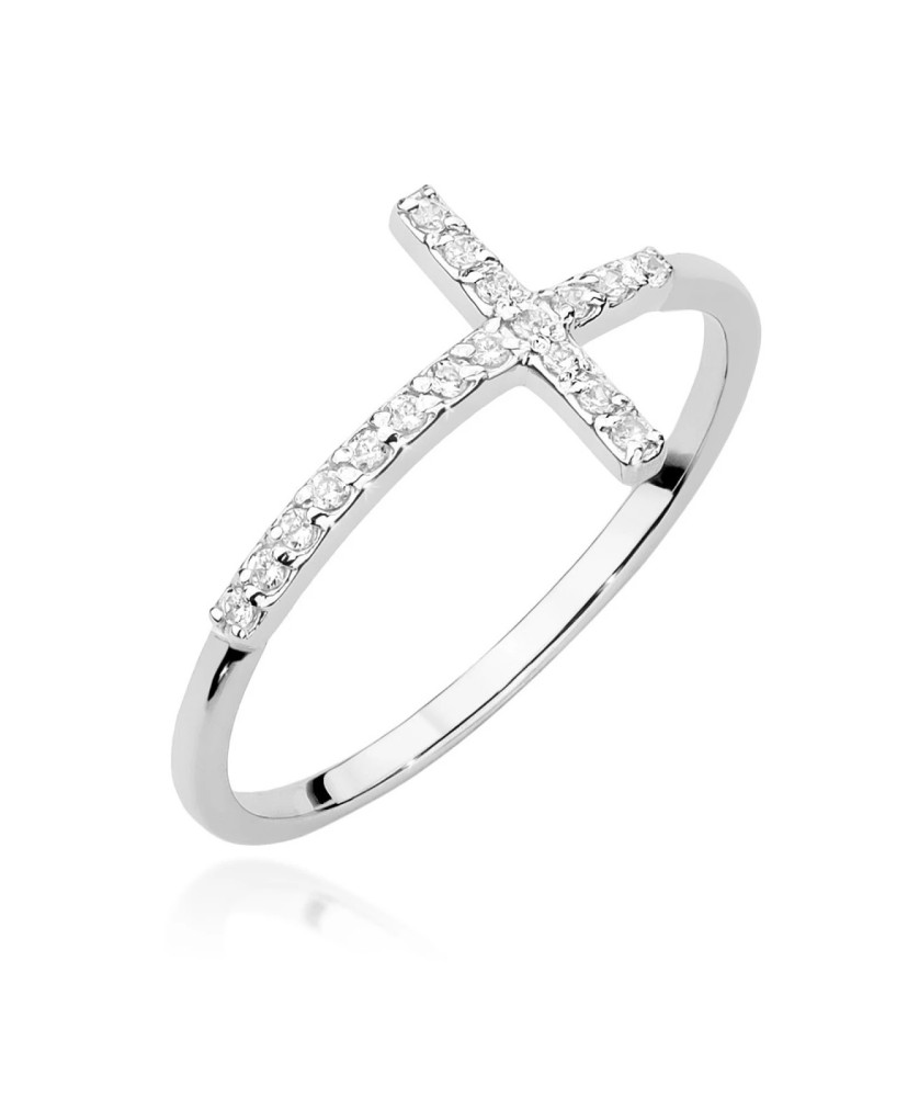 Złoty Pierścionek 14k Białe Złoto Krzyż Brylant Diamenty 0,09ct