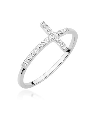 Złoty Pierścionek 14k Białe Złoto Krzyż Brylant Diamenty 0,09ct
