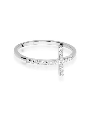 Złoty Pierścionek 14k Białe Złoto Krzyż Brylant Diamenty 0,09ct