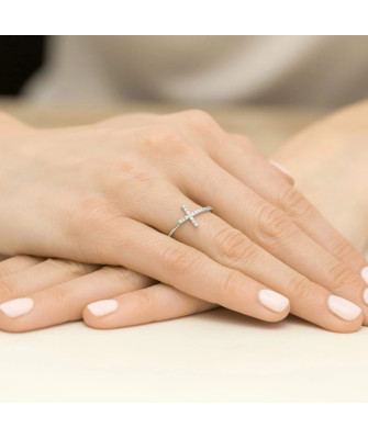 Złoty Pierścionek 14k Białe Złoto Krzyż Brylant Diamenty 0,09ct