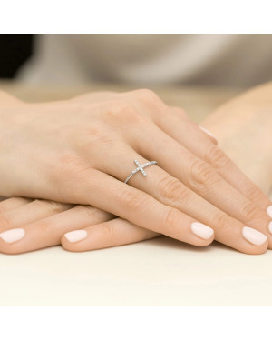 Złoty Pierścionek 14k Białe Złoto Krzyż Brylant Diamenty 0,09ct