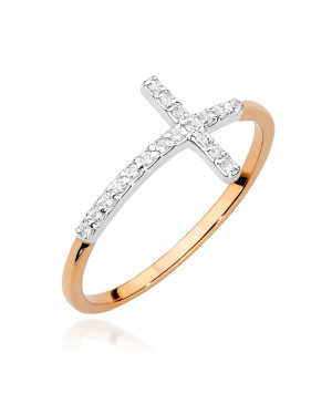 Złoty Pierścionek 14k Różowe Złoto Krzyż Brylant Diamenty 0,09ct
