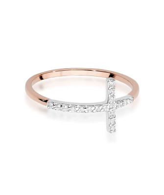 Złoty Pierścionek 14k Różowe Złoto Krzyż Brylant Diamenty 0,09ct