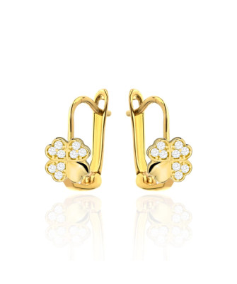 Gold clover earrings with zirconia on English clasp