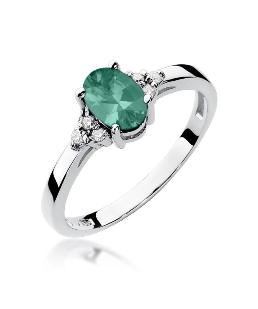 14k White Gold Ring Emerald Diamonds