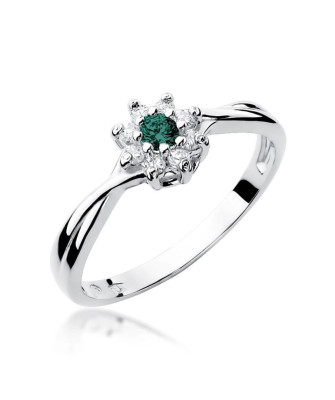 14k White Gold Ring Interwoven Diamond Emerald