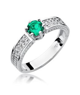 14k White Gold Ring Emerald Diamonds