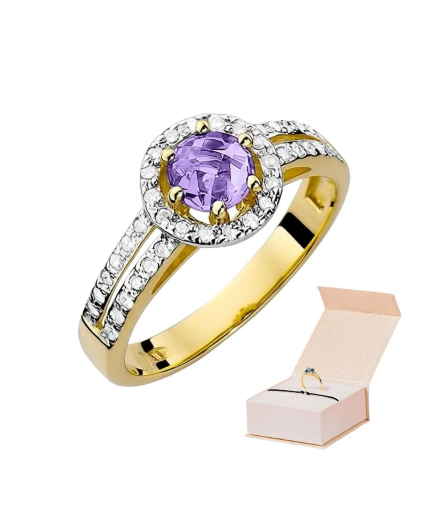 Pierścionek z ametystem i diamentami złoto 14k