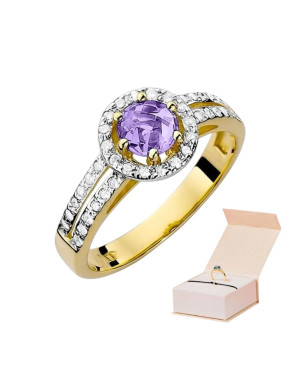 Pierścionek z ametystem i diamentami złoto 14k