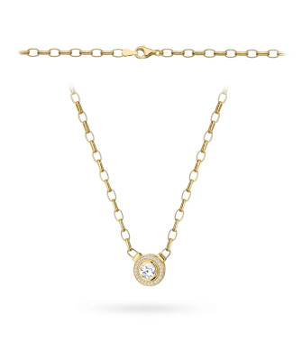 Gold necklace with links and a central cubic zirconia in a setting
