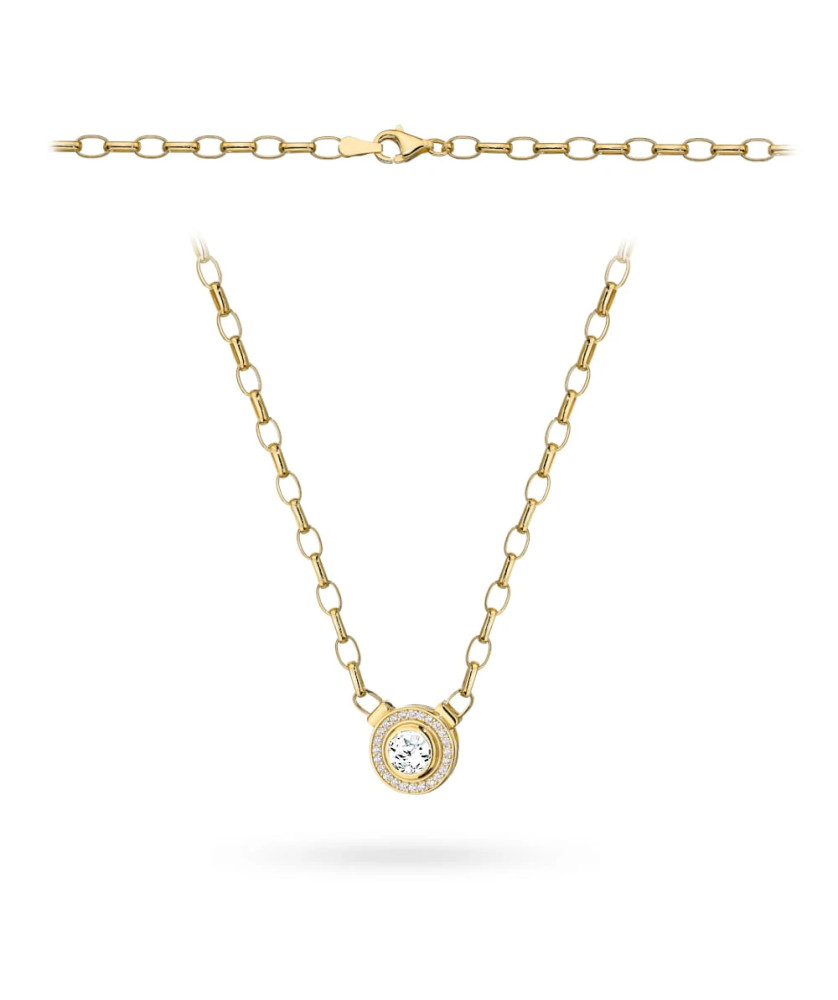 Gold necklace with links and a central cubic zirconia in a setting