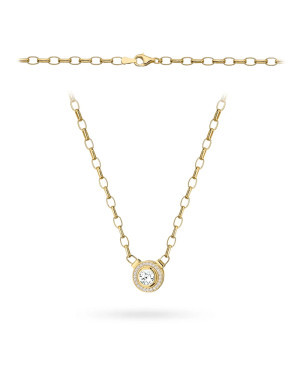 Gold necklace with links and a central cubic zirconia in a setting