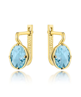 14K Gold Earrings with Blue Oval Stone and Leverback Clasp