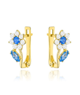 Gold flower earrings with blue zircons
