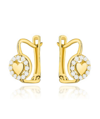 Gold heart earrings with zirconia setting on English clasp