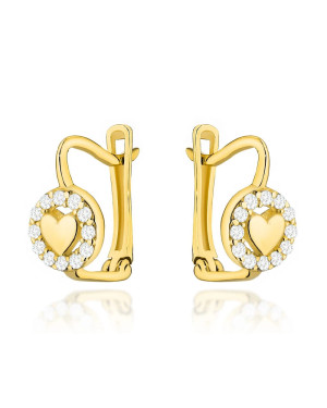 Gold heart earrings with zirconia setting on English clasp