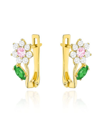 Gold earrings with pink and green zirconia