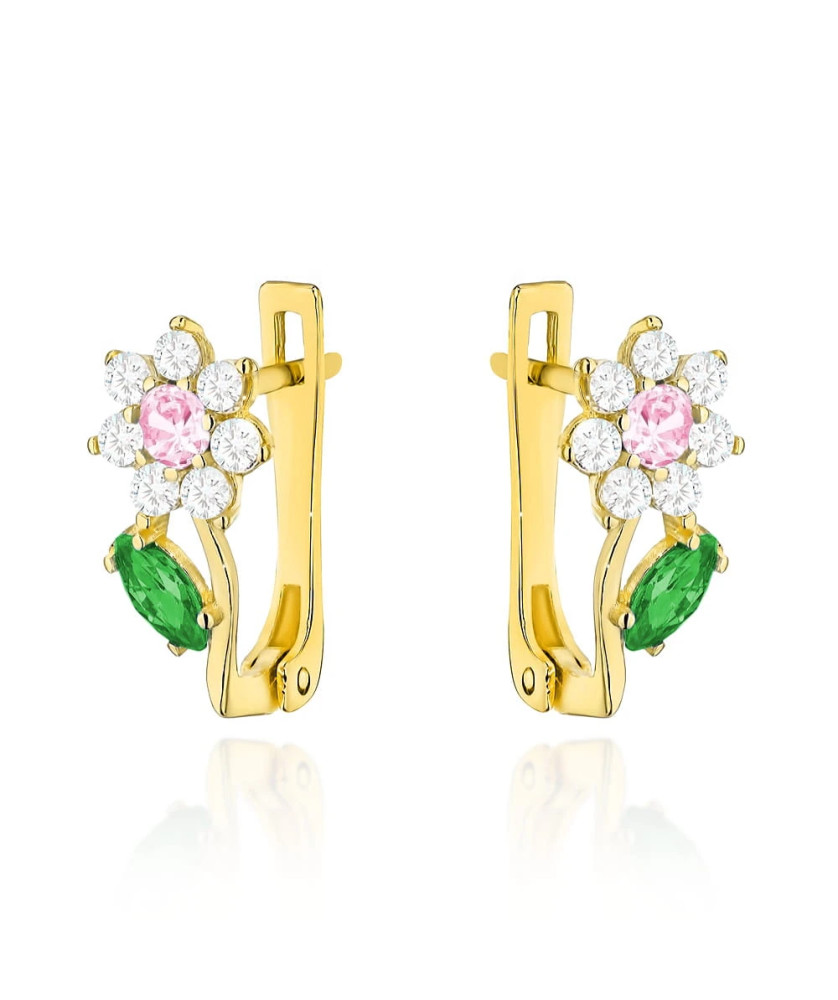 Gold earrings with pink and green zirconia