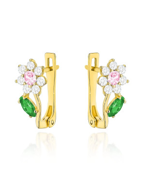 Gold earrings with pink and green zirconia