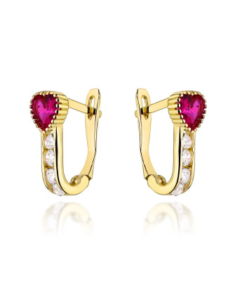 Gold earrings with a pink heart and zircons
