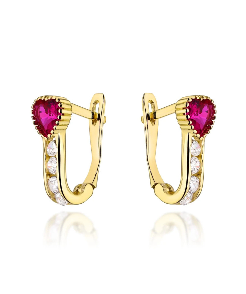 Gold earrings with a pink heart and zircons