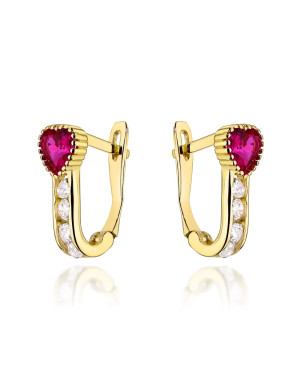 Gold earrings with a pink heart and zircons