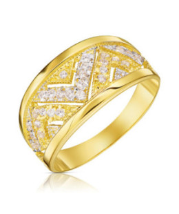 Wide 14k Gold Ring with White Zirconia Pattern