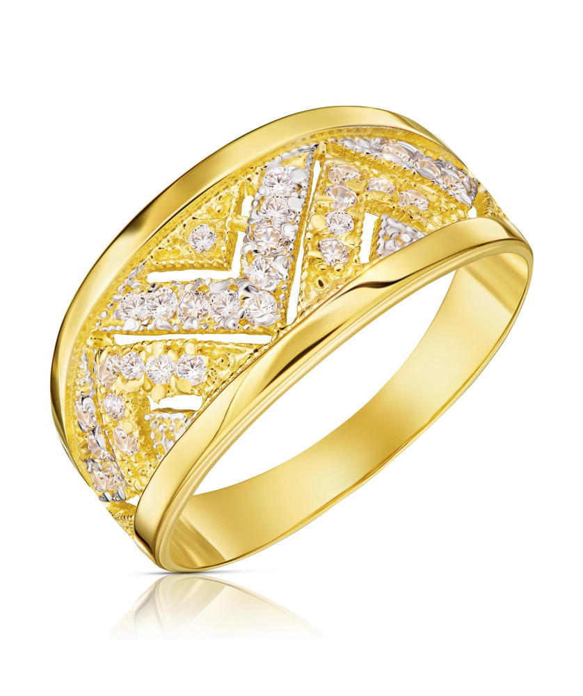 Wide 14k Gold Ring with White Zirconia Pattern