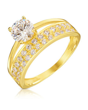 Wide 14k Gold Ring With Zirconia – Double Row Pavé & Centre Stone