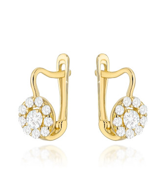 Gold hoop earrings set with cubic zirconia on an English clasp