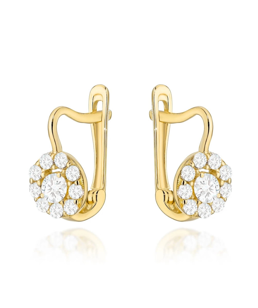 Gold hoop earrings set with cubic zirconia on an English clasp