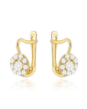Gold hoop earrings set with cubic zirconia on an English clasp