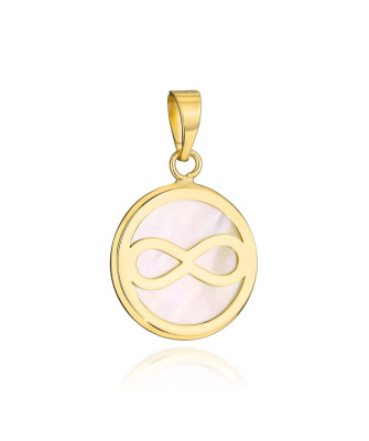 Gold pendant circle with mother of pearl and infinity symbol