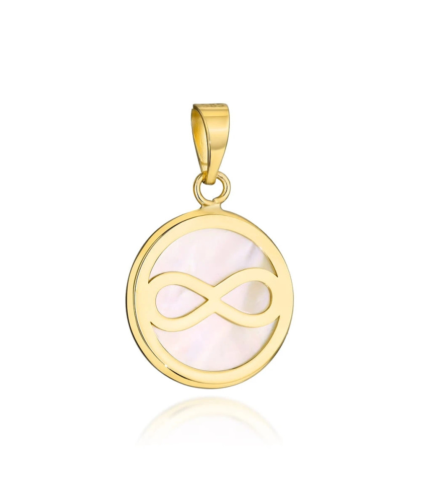 Gold pendant circle with mother of pearl and infinity symbol