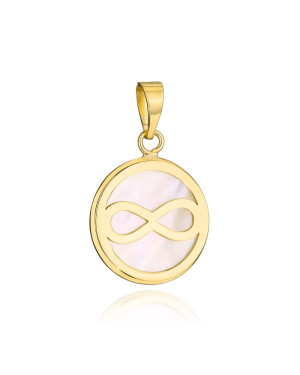 Gold pendant circle with mother of pearl and infinity symbol