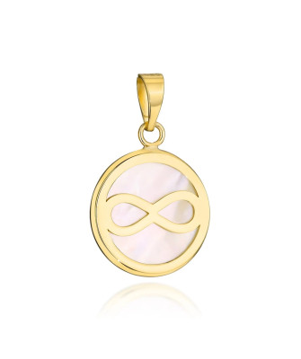 Gold pendant circle with mother of pearl and infinity symbol