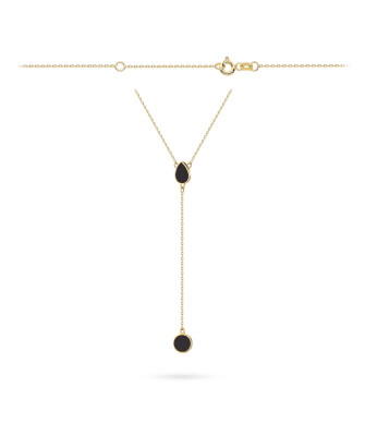 Gold necklace with teardrop lariat and circle with agate stone