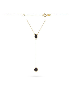 Gold necklace with teardrop lariat and circle with agate stone